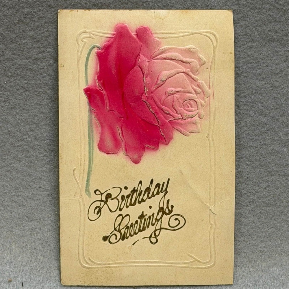 Birthday‎ Embossed Vivid Pink Rose Gold Script 1910 Irvington IA to IL POSTCARD